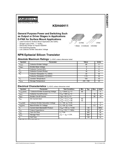Fairchild KSH44H11 NPN Transistor Datasheet - cover page