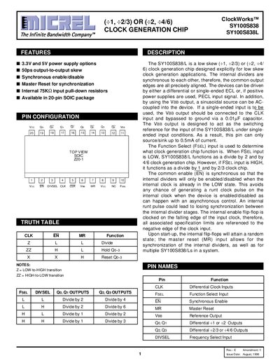 Micrel SY100S838/SY100S838L Clock Generation Chip Datasheet - cover page