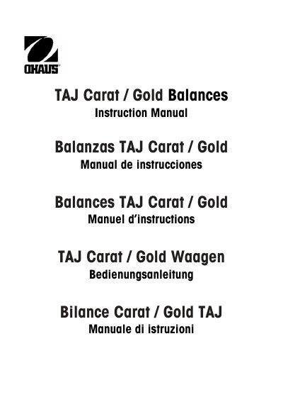 Ohaus TAJ Carat / Gold Balances Instruction Manual - cover page