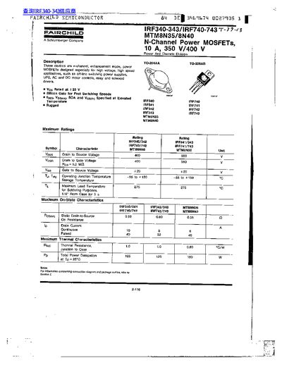 FAIRCHILD IRF340-343/IRF740-743 MTM8N35/8N40 handbook - cover page
