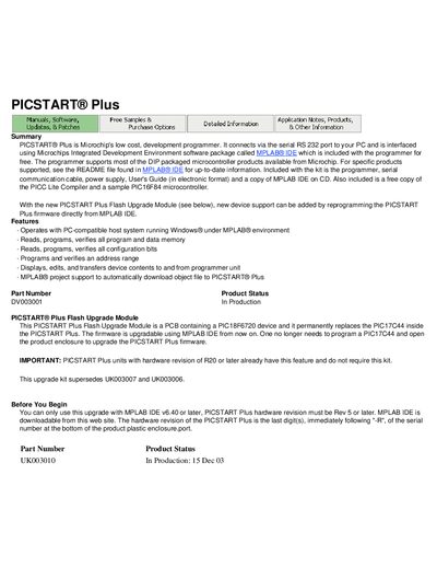 Microchip PICSTART Plus Product Leaflet - cover page