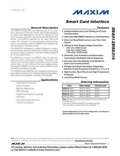 Maxim DS8313/DS8314 Smart Card Interface Datasheet - cover page