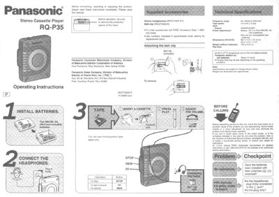 Panasonic RQ-P35 Stereo Cassette Player Operating Instructions - cover page