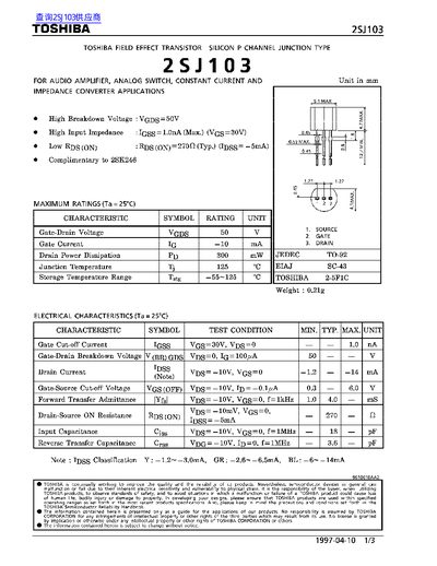 Toshiba 2SJ103 Field Effect Transistor Datasheet - cover page