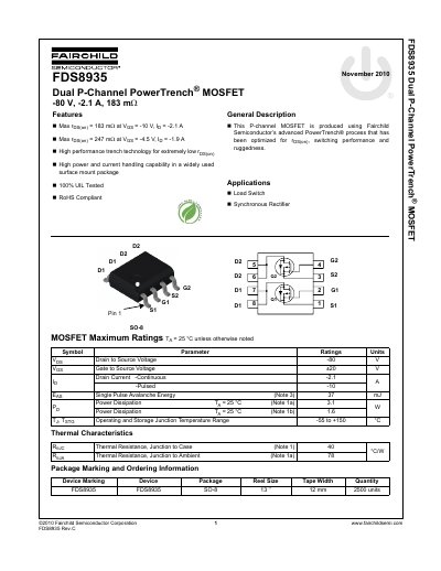Fairchild Semiconductor FDS8935 Dual P-Channel MOSFET Datasheet - cover page