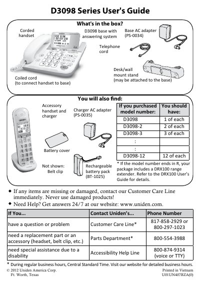Uniden D3098 Series Cordless Telephone User's Guide - cover page