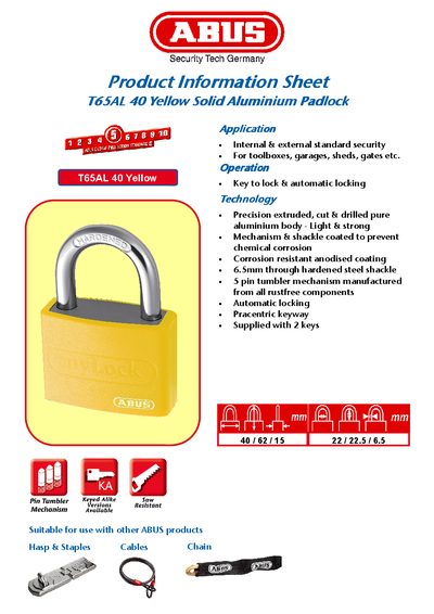 ABUS Product Information Sheet T65AL 40 Yellow Solid Aluminium Padlock Manual - cover page