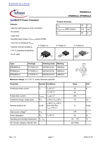 Infineon IPB14N03LA/IPI14N03LA/IPP14N03LA Guide(1) - cover page
