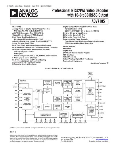 ANALOG DEVICES ADV7185 Professional NTSC/PAL Video Decoder with 10-Bit CCIR656 Outp handbook - cover page