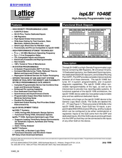 Lattice ispLSI 1048E High-Density Programmable Logic Datasheet - cover page