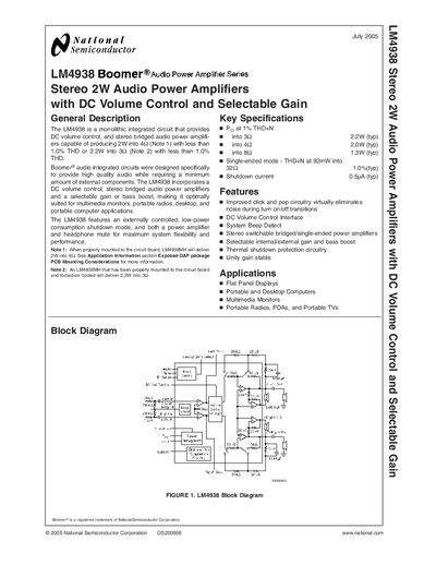 National Semiconductor LM4938 Audio Power Amplifier Datasheet - cover page