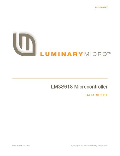 Luminary Micro LM3S618 Microcontroller Datasheet - cover page