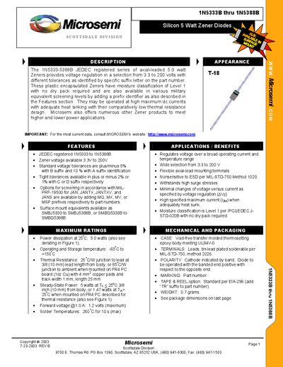 Microsemi 1N5333B thru 1N5388B Zener Diode Datasheet - cover page