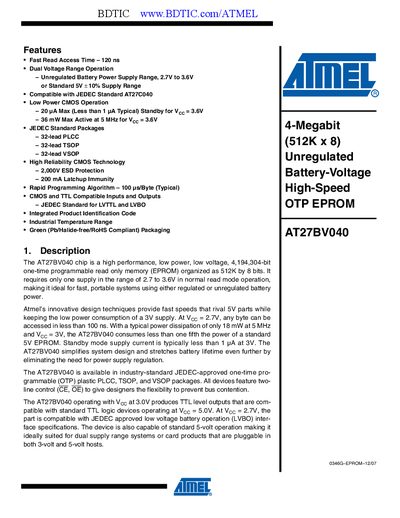 Atmel AT27BV040 Datasheet - cover page