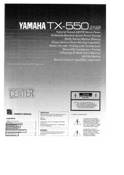 Yamaha TX-550RS AM/FM Stereo Tuner Owner's Manual - cover page