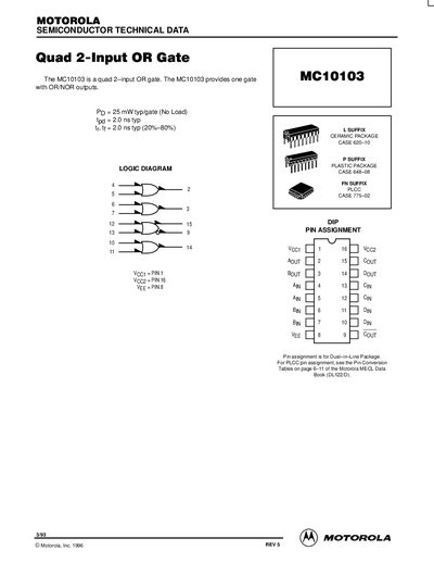 Motorola MC10103 Quad 2-Input OR Gate Datasheet - cover page