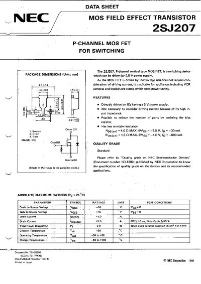 NEC 2SJ207 P-Channel MOS FET Datasheet - cover page