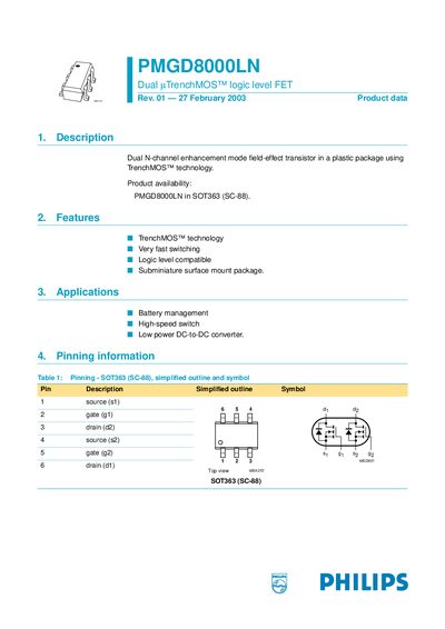 Philips PMGD8000LN MOSFET Datasheet - cover page