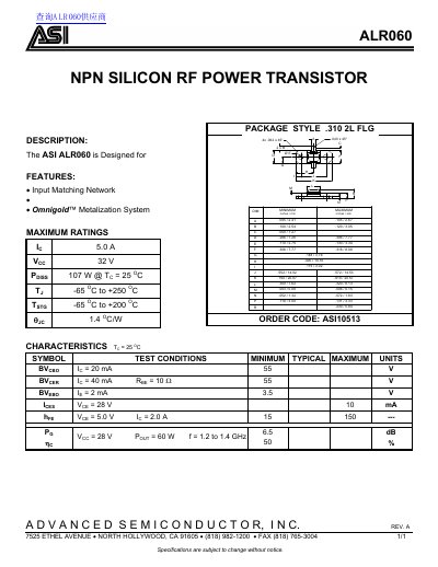Advanced Semiconductor ALR060 NPN Silicon RF Power Transistor Datasheet - cover page