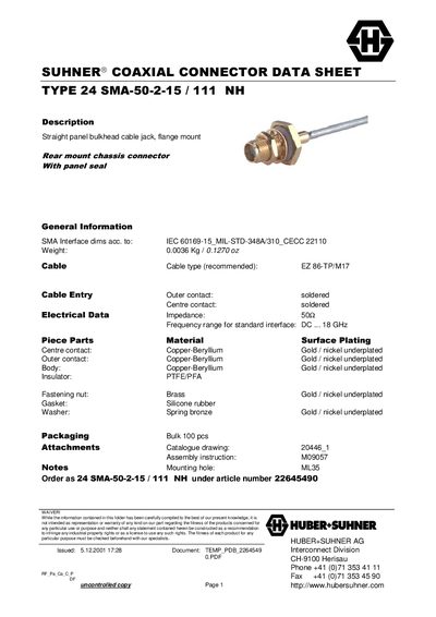 SUHNER 24 SMA-50-2-15 / 111 NH Coaxial Connector Data Sheet - cover page