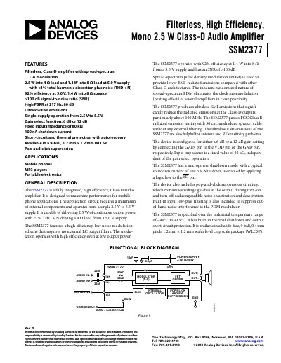 Analog Devices SSM2377 Class‑D Audio Amplifier Product Handbook - cover page
