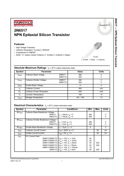 Fairchild Semiconductor 2N6517 NPN Epitaxial Silicon Transistor Datasheet - cover page
