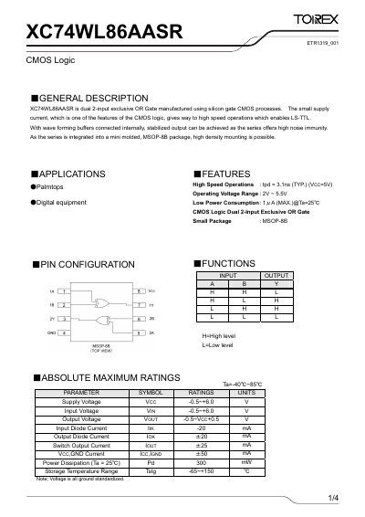 Torex XC74WL86AASR CMOS Logic Gate Datasheet - cover page