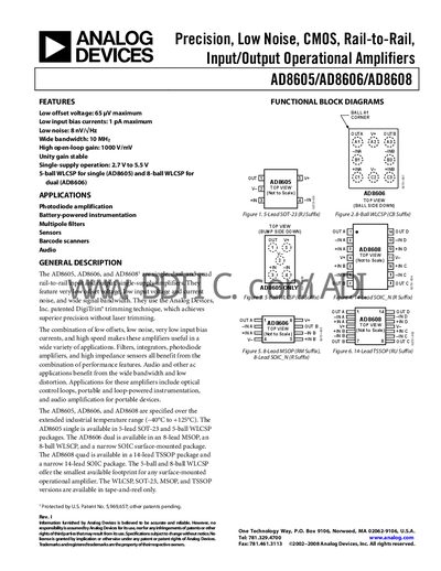 Analog Devices AD8605/AD8606/AD8608 Operational Amplifier Datasheet - cover page