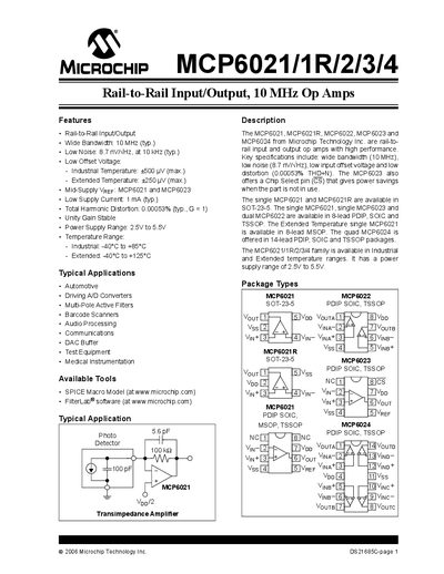 Microchip MCP6021/1R/2/3/4 Rail-to-Rail Input/Output 10 MHz Op Amp Datasheet - cover page