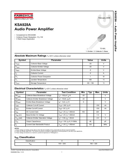 Fairchild Semiconductor KSA928A Audio Power Amplifier Datasheet - cover page