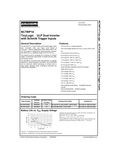 Fairchild NC7WP14 TinyLogic ULP Dual Inverter with Schmitt Trigger Inputs Datasheet - cover page