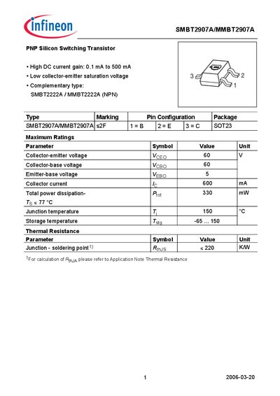 Infineon SMBT2907A/MMBT2907A PNP Switching Transistor Datasheet - cover page