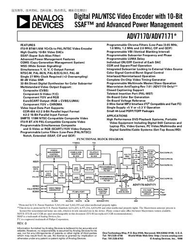 Analog Devices ADV7170/ADV7171 Video Encoder Datasheet - cover page