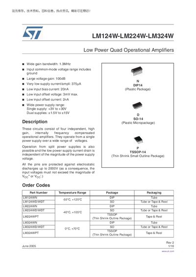 STMicroelectronics LM124W/LM224W/LM324W Low Power Quad Operational Amplifiers Datasheet - cover page