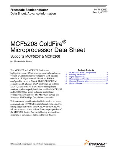 Freescale MCF5208 ColdFire Microprocessor Data Sheet - cover page