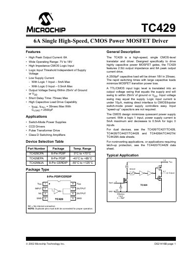 Microchip TC429 6A Single High-Speed CMOS Power MOSFET Driver Datasheet - cover page