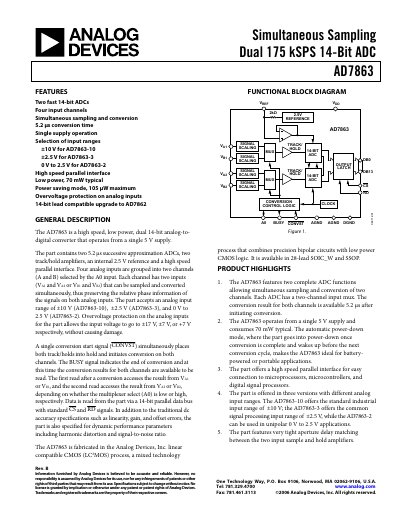 Analog Devices AD7863 Dual 14‑Bit ADC Data Sheet - cover page