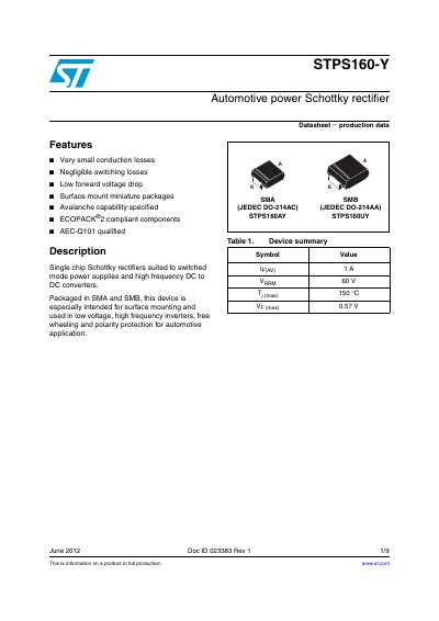 STMicroelectronics STPS160-Y Automotive Power Schottky Rectifier Datasheet