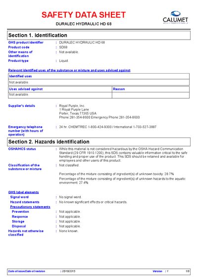 Royal Purple DURALEC Hydraulic HD 68 Safety Data Sheet - cover page