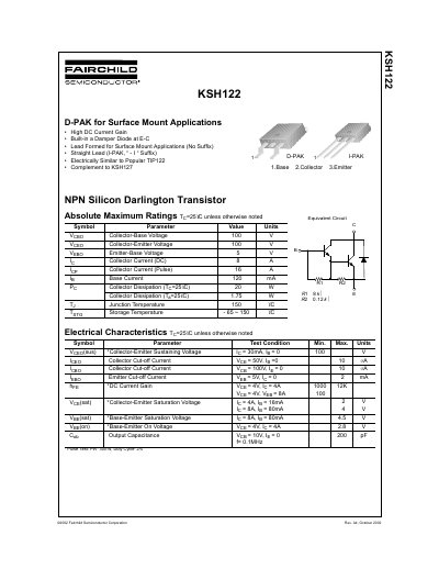 Fairchild KSH122 NPN Silicon Darlington Transistor Datasheet - cover page
