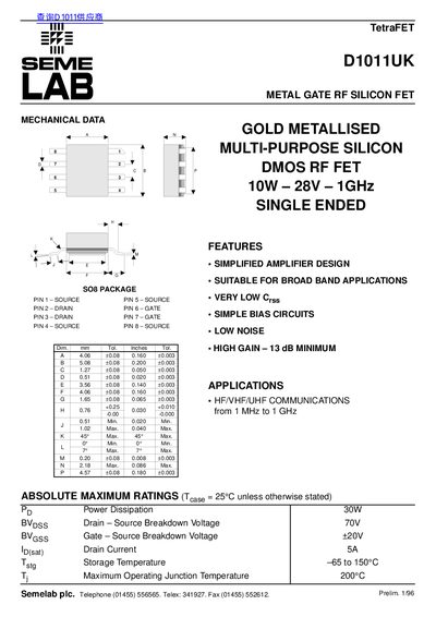 Semelab D1011UK Datasheet - cover page