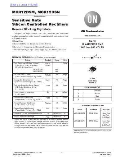 ON Semiconductor MCR12DSM/MCR12DSN Reverse Blocking Thyristors Datasheet - cover page