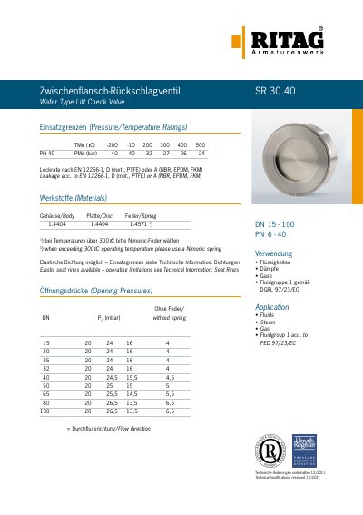 RITAG SR 30.40 Wafer Type Lift Check Valve Datasheet - cover page