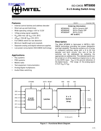 Mitel MT8808 8x8 Analog Switch Array Datasheet - cover page