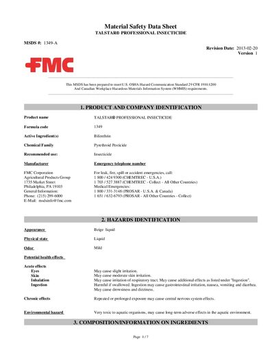 FMC 1349 TALSTAR Professional Insecticide MSDS - cover page