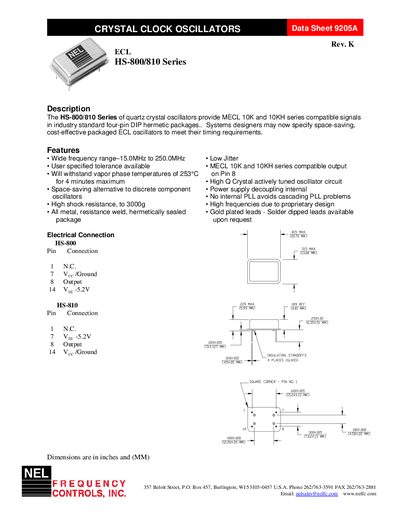 NEL HS-800/810 Series Crystal Oscillator Data Sheet - cover page