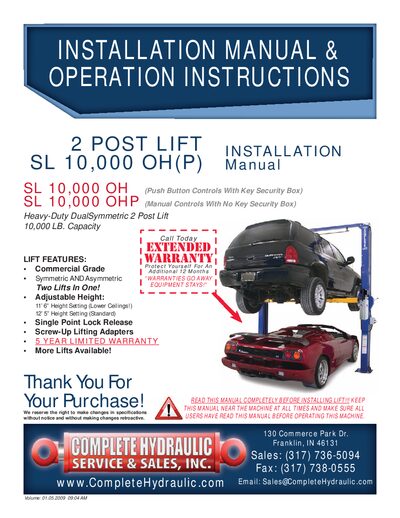 CompleteHydraulic SL 10,000 OH(P) 2-post lift Installation and Operation Manual