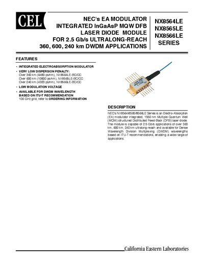 CEL NEC's EA MODULATOR INTEGRATED InGaAsP MQW DFB LASER DIODE MODULE FOR 2.5 Gb/s ULTRALONG-REACH 360 600 240 km DWDM APPLICATIONS NX8564LE NX8565LE NX8566LE SERIES - cover page