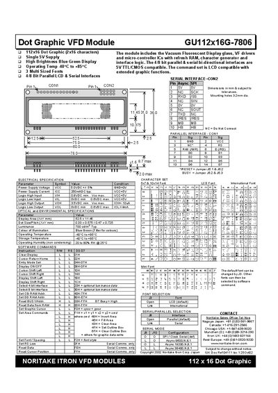 Noritake Itron GU112x16G-7806 VFD Module Manual - cover page