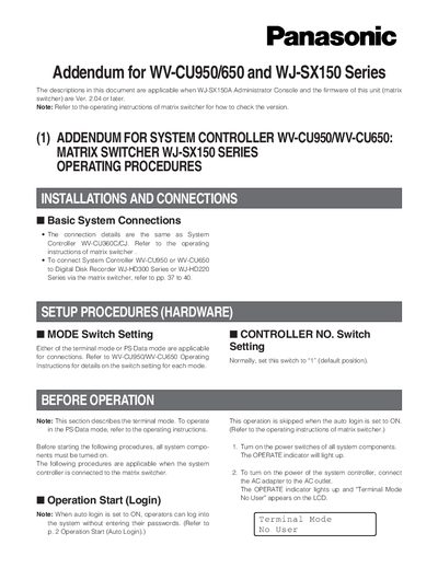 Panasonic WV-CU950/650 and WJ-SX150 Series Addendum